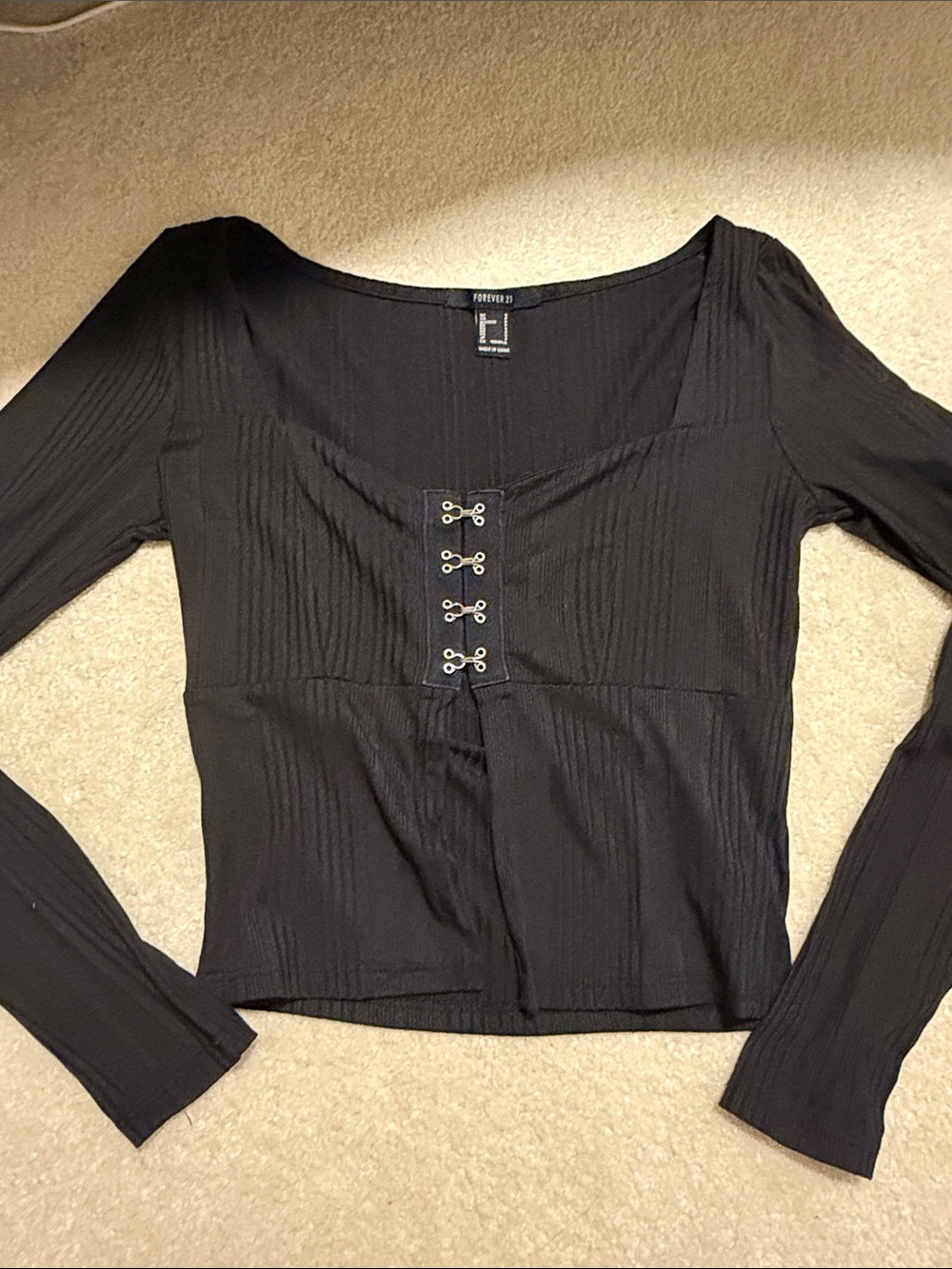 Forever 21 Black Long Sleeve Ribbed Hook-Front Top